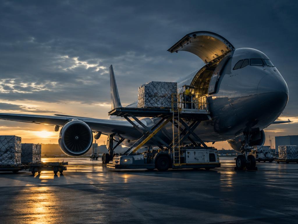 Cargo aircraft being loaded at an airport
