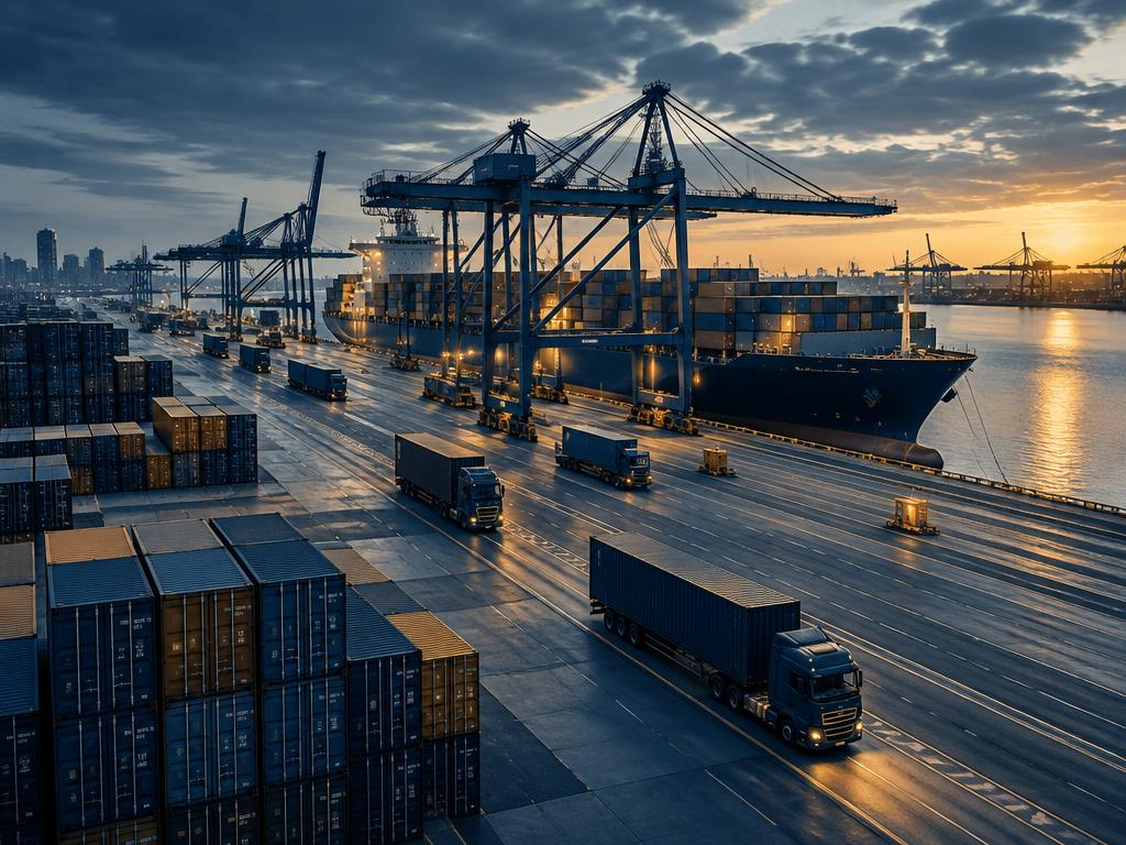 Cargo ship, trucks, and containers at an international port